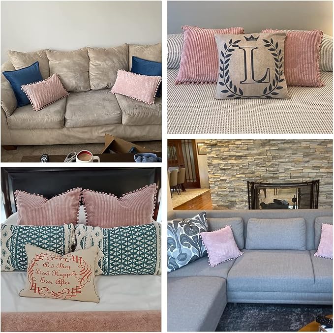 Fancy Homi Pack of 2 Boho Big Decorative Throw Pillow Covers 26 x 26 with Pom-poms, Soft Corduroy Solid Square Cushion Cases for Couch Sofa Bedroom Car Living Room (26x26 Inch/66x66 cm, Blush Pink)