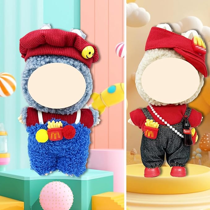 Doll Clothes for Labubu,Cute Outfit for 17cm Doll Clothe 2/3PCS Clothes and Hats Stylish Dolls Clothe for 17 cm Labubu,Casual Style Costumes for Labubu Dolls (Mai Believers Set hat+T-Shirt+Overalls)