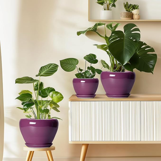 Ceramicfor 10 Inch Plant Pot - Ceramic Planter with Drainage Hole and Saucer, Round Modern Flower Pot for Indoor Outdoor Plants, Housewarming Gift, Home Garden Decor, Purple