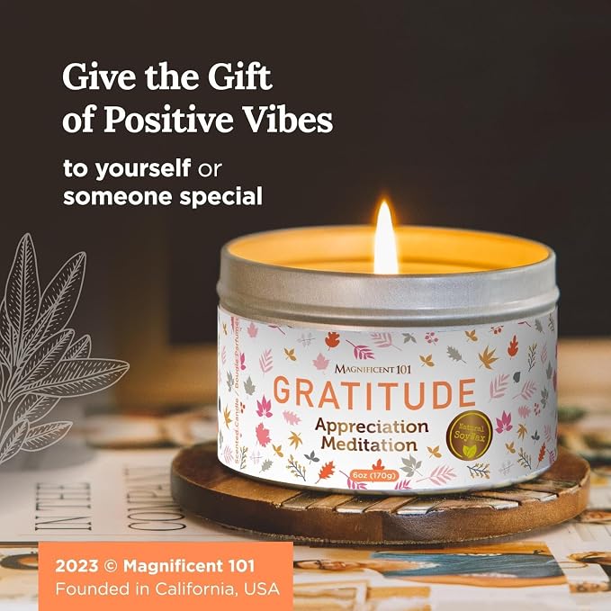 MAGNIFICENT 101 Gratitude Candle - 6 Oz Soy Wax - 35 Hour Burn Time & Paraffin Free - Sage Aromatherapy & Energy Cleansing - Meditation & Manifestation CandleCream White
