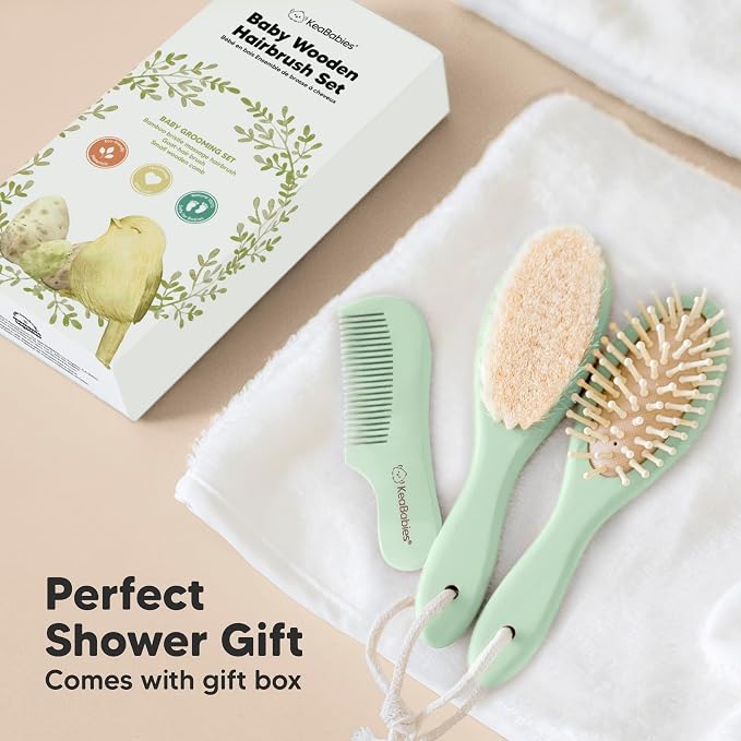 Wooden Baby Hair Brush Set for Newborns, Toddlers - Soft Goat Bristle Baby Brush and Comb Set Newborn Grooming Kit for Cradle Cap Care, Durable & Gentle, Boy, Girl Infant Essentials (Regular, Sage)
