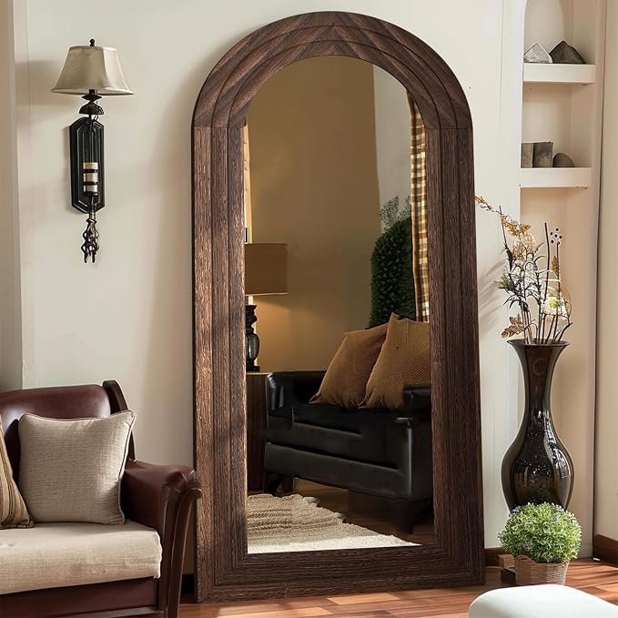 ZHUNFA Arched Full Length Mirror with Solid Wood Frame | 71x32 Farmhouse Wall Mounted Floor Mirror with Stand, Vertical Hanging, Leaning Standing for Bedroom, Living Room, Brown