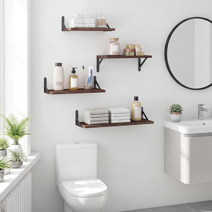 YGEOMER Floating Shelves for Wall, Different Sizes Walnut Wall Shelves for Living Room, Bathroom, Bedroom, Kitchen, Home Decor (Set of 4)