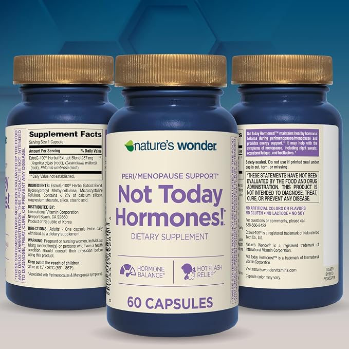 Nature's Wonder Not Today Hormones Perimenopause and Menopause Support Supplement for Women with Estro-G100, Supports Hot Flashes and Night Sweats 60 Vegetarian Capsules, 30 Day Supply
