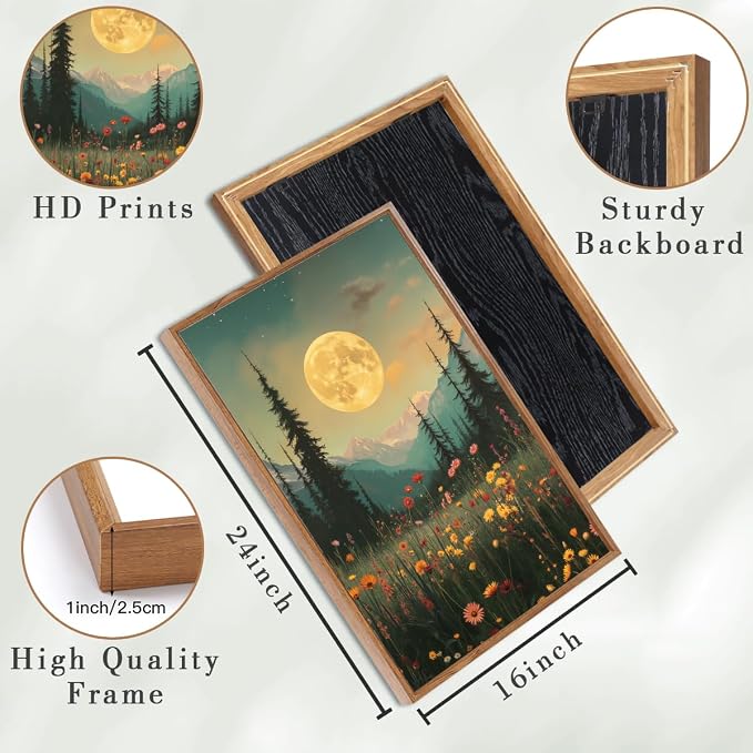 ANHUIB Moon Forest Wildflower Wall Art, Moonlit Pine Tree Wall Decor Dark Mountain Paintings Set of 3 for Living Room Bedroom Dining Room 16x24 Inch