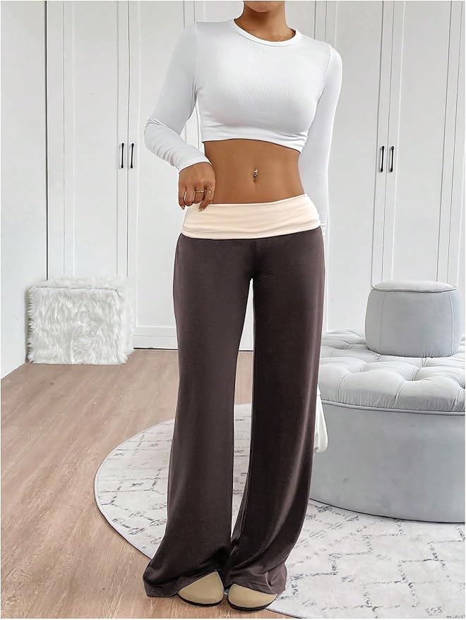 SOLY HUX Women's Sweatpants Color Block Low Rise Fold Over Waist Baggy Wide Leg Pants