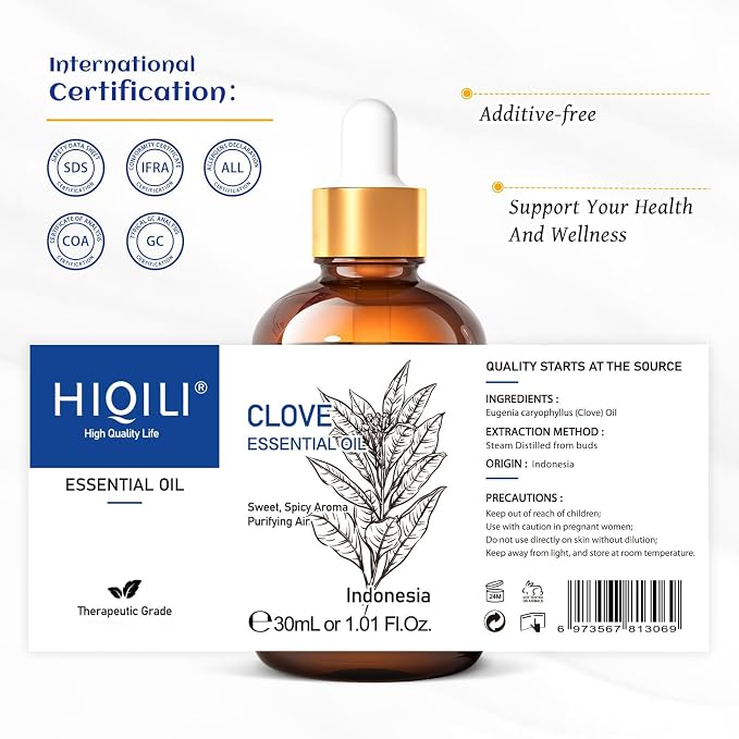 HIQILI 1 Fl Oz Clove Oil for Teeth and Gums, Oral Care, DIY Clean Spray, Aromatherapy - 30ml | Creating a Warm, Comforting Scent for Home, DIY Cleaning Spray, and Homemade Vandles —30mL / 1.01 fl oz