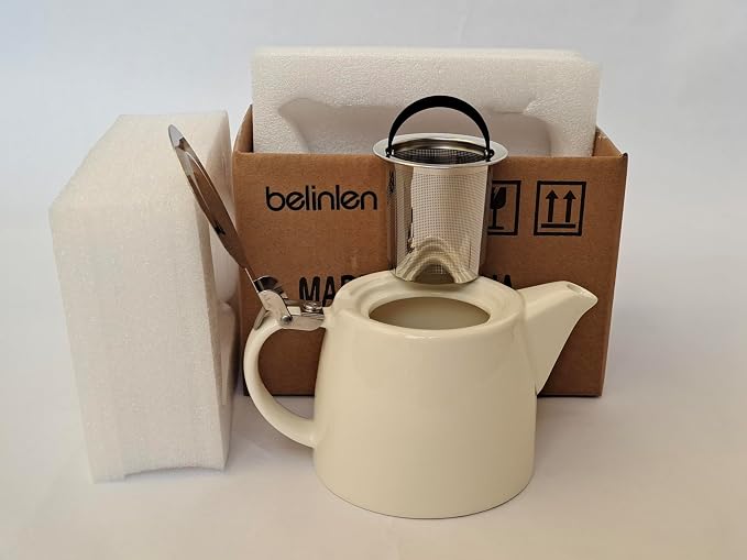 Belinlen 18 oz Tea pot with infuser and SLS lid (White)