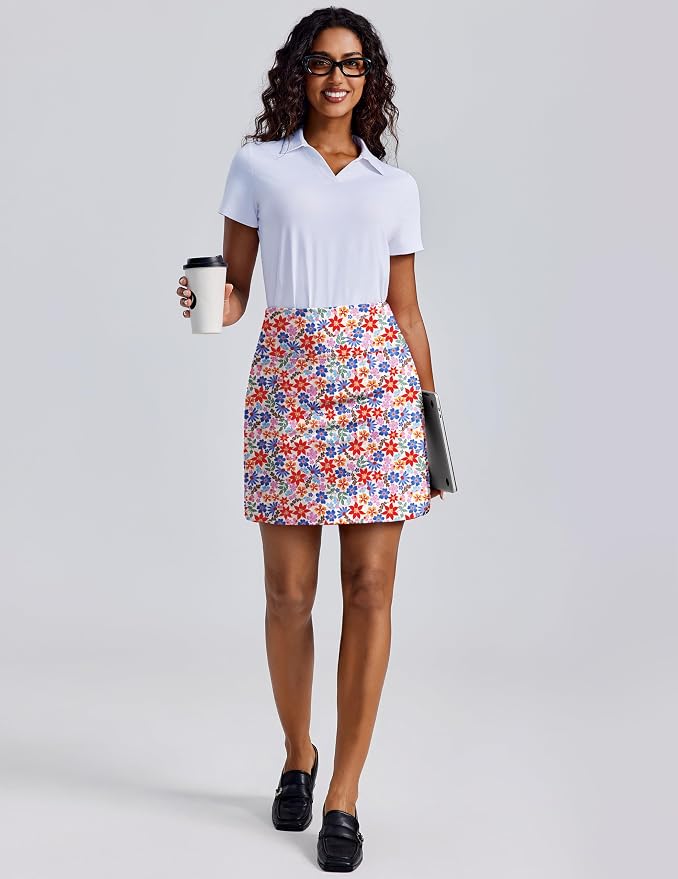 PINSPARK 18" Skorts for Woman Above Knee Length Golf Skirts 3 Pockets | High Waist, Built in Shorts, UV Protection, 4-Way Stretch, Soft, Dolphin Hem, Athletic, Tennis, Pickleabll, Casual