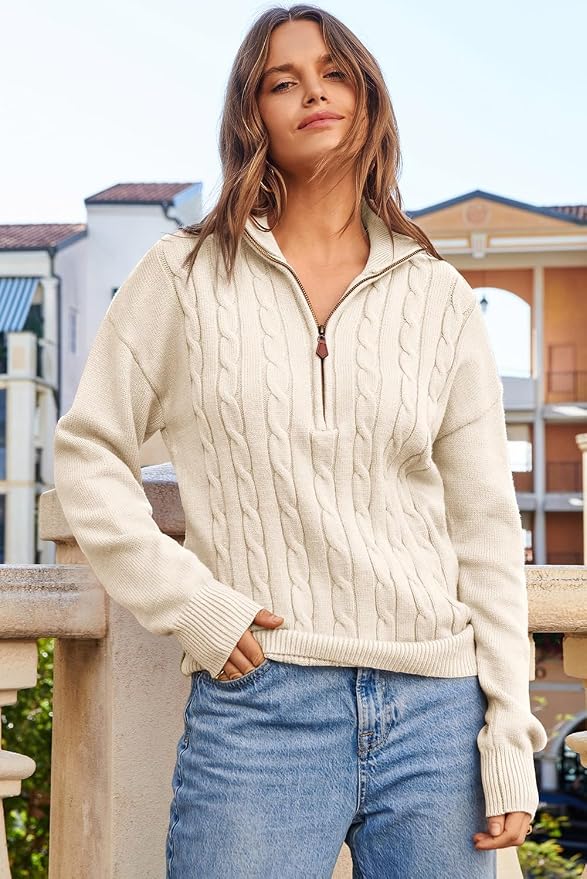 Dokotoo Women's Sweaters 2026 Fall Winter Quarter Zip Ribbed Cable Knit | Long Sleeve,Polo Neck,Lightweight Knit Pullover,Soft Comfy Tops,Casual Trendy Outfits,Fashion Clothing