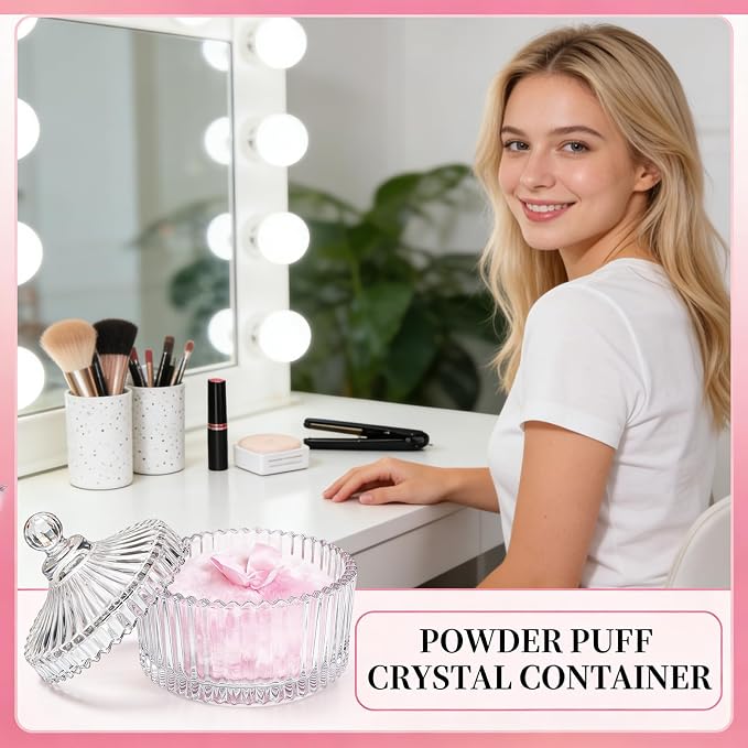 LAKIRA Large Body Powder Puff and Container, 2 Large Powder Puffs, Crystal Powder Container with 3.94" Puff for Baby Women, Dusting Powder Container with Puffs for Women, Bath, Home Use (4″ Pure C)