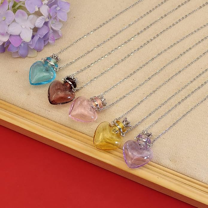 1PC 1PC Colorful Heart Vial Perfume Bottle Necklaces Stainless Steel Chain Make a Wish Aroma Essential Oil Diffuser Pendant necklace Women Jewelry