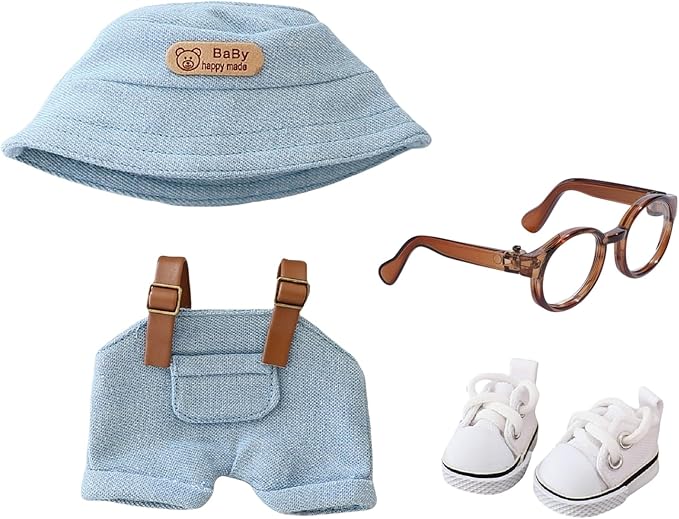 Clothes for Doll Accessories, Stylish Kawaii Overalls Outfit Set 4 Pieces Bib Pants for 15cm 17cm Dolls, Cute Doll Hat Shoes Clothing Set Replacement Blue (No Dolls)