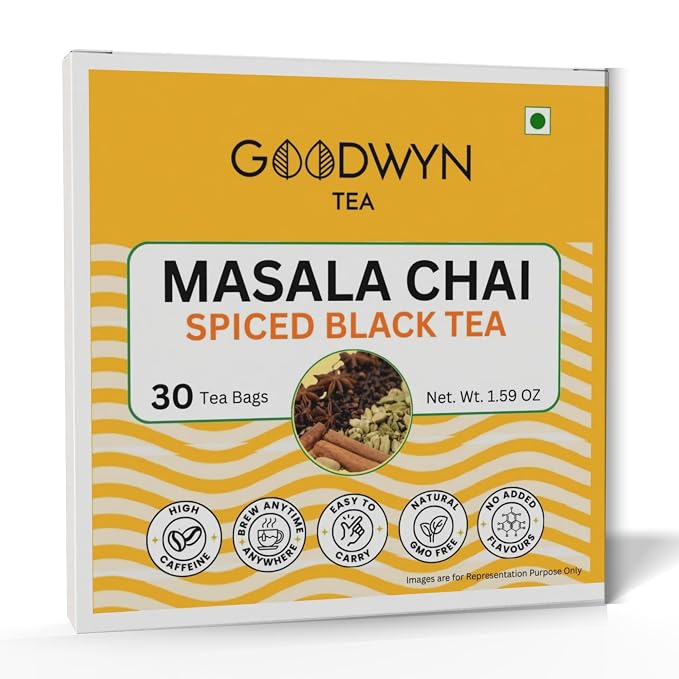 Goodwyn Masala Black Tea Chai (30 Tea Bags) | Authentic Indian Spiced Tea | Kadak Doodh Chai | Real Herbs & Spices | From Own Tea Estates in Assam | 100% Natural | Plastic Free Tea Bags | Bold & Aromatic | Traditional Masala Chai for Daily Enjoyment