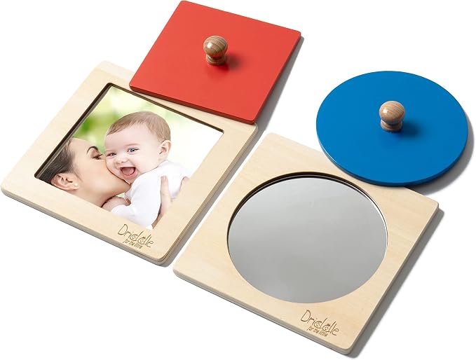 Driddle Montessori Toys - Wooden Knob Shape Puzzles - Mirror & Photo Insert - Learn Colors & Shapes Interactive Baby & Toddler Toys