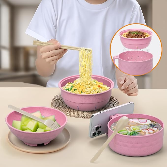 Ramen Cooker,32oz Ramen Bowl Set,Microwave Ramen Bowl, Microwave Bowl with Lid, Portable Noodle Bowls,for Home Office Dorm Room College gift (Pink)