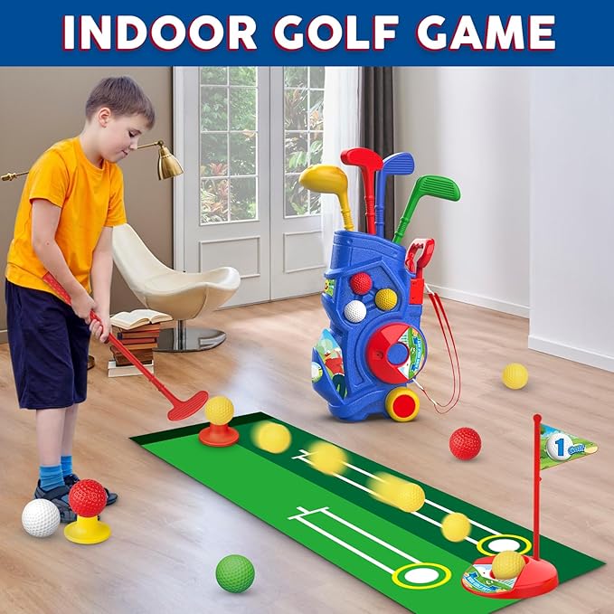 Toddler Golf Set, Kids Golf Clubs with Putting Mat, Toys for Boys 3 4 5+ Years Old, Sports Golf Toys with 4 Clubs, 8 Balls, 2 Practice Holes, Shoulder Strap, 20 PCS, Blue (LE-W-GOLF-BOY)