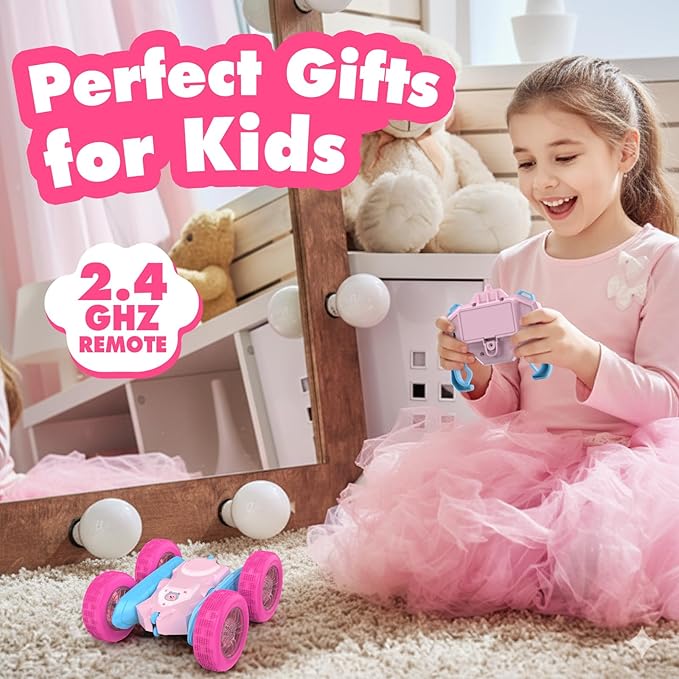 NQD Pink Remote Control Car for Girls, 360ยฐ Spin Flip RC Stunt Car with Flashing Wheel Lights 2 Batteries, Double Sided 4WD Off-Road RC Toy Gift for Girls Xmas Birthday