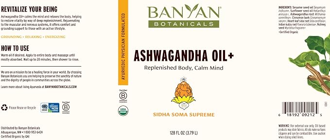 Banyan Botanicals Ashwagandha Oil+ – Organic Herbal Oil – Comforting Sore Muscle Massage Oil for Relaxation & Post-Workout Recovery – 128 oz –Non GMO Sustainably Sourced Ayurvedic Physician Formulated