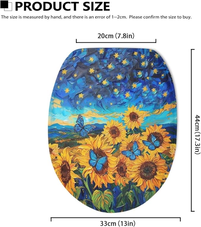 KathyboomToilet Lid Cover, Suitable for Most Round, Long and Oval Toilet Lid Cover, Comfortable and Dustproof, Reusable Toilet Seat Cover-Sunflowers With Butterflies