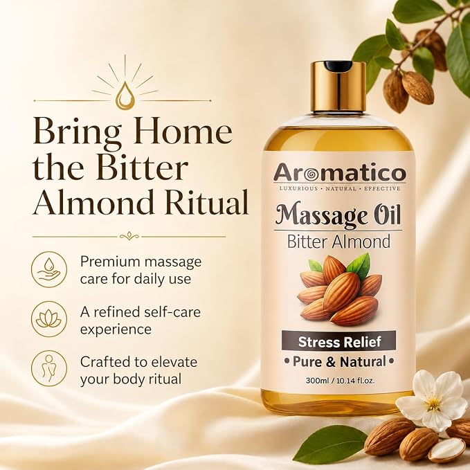 AROMATICO Almond Massage Oil. Hydrates & nourishes Skin, soothes Irritation, Improves Texture & Promotes Relaxation - 10 Fl Oz Rich in Vitamins & Essential Fatty acids, enhances Circulation.