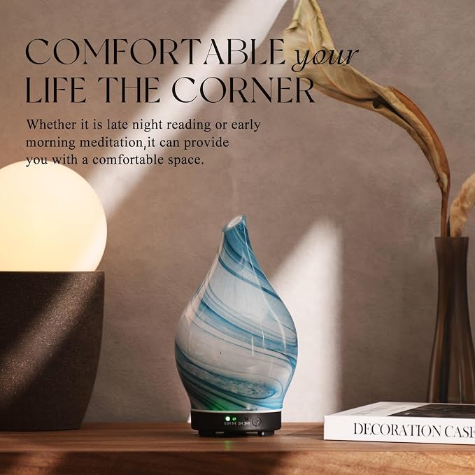 Porseme 150ml Essential Oil Diffuser Glass Color Changing Aroma Air Diffusers Aromatherapy Ultrasonic Cool Mist Humidifier 6 Running Hours Waterless Auto-Off for Sleeping Yoga Office Spa (Blue Ink)