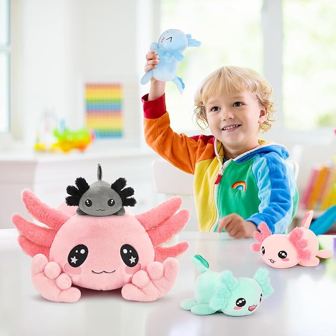 MaoGoLan 32 inch Large Pink Axolotl Stuffed Animals Bulk with 4 Babies, Cute Kawaii Plush Axolotl Toys Stuffed Salamander for Girls Kids Christmas Valentine's Day Gift, Glow in The Dark