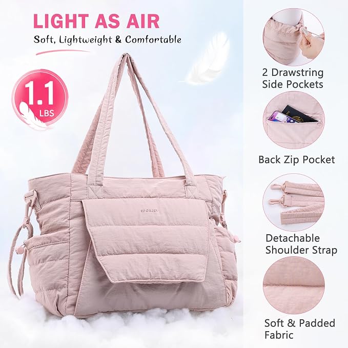 Yoga Tote Bag for Women with Yoga Mat Holder & Luggage Sleeve, Large Pilates Gym Bag with 16" Laptop Compartment, Lightweight Puffer Quilted Travel Tote with Water Bottle Pockets for Work