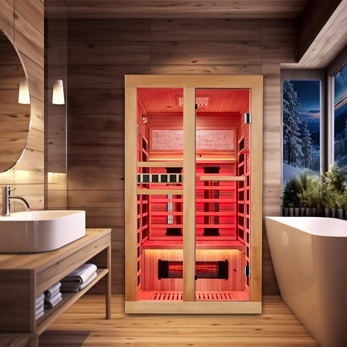 2 Person Infrared Sauna, Full Spectrum Home Sauna with Red Light Therapy, 15 Minutes Pre-Warm up Indoor Dry Saunas with 2-in-1 Door Handle, Canadian Hemlock,7 Color Light Belts, 110V
