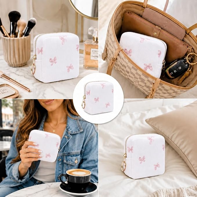 Period Bag for Girls, Corduroy Period Kit with Sanitary Pad Pouch, Menstrual Storage Bag and Tampon Holder for Purse, Girls School Essentials,Feminine Care Organizer(Pink Bow)