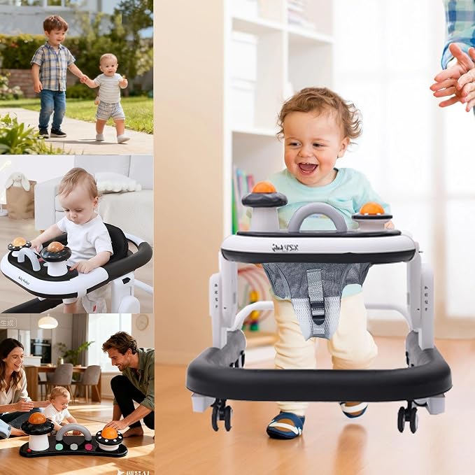 5-in-1 Baby Walker with Wheels Foldable Height-Adjustable Walker for Baby Boy 6-12 Months with Feeding Tray Multi-Functional Activity Center Battery-Free Function (Black)