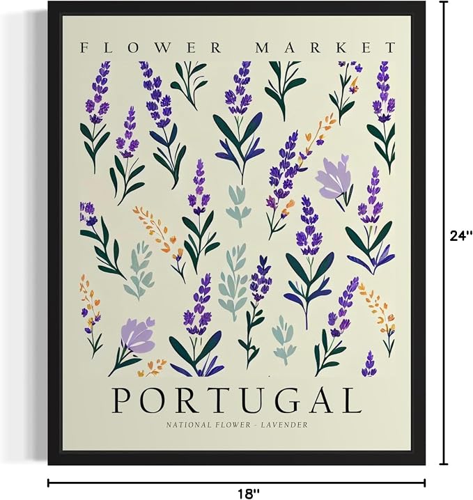 Portugal Flower Market Art Print Poster, Wall Art Floral Painting Botanical Decor for Bedroom, Kitchen, Bathroom Livingroom Decoration 82B (Portugal, 24"L x 18"W, Black Frame)