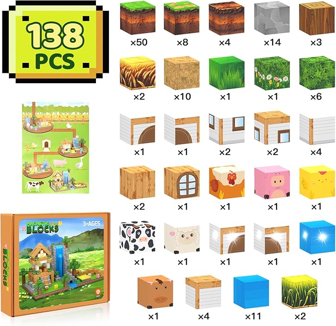 138 PCS Magnetic Blocks, Magnetic Building Blocks for Kids, Farm Construction Magnet Cubes Set for Girls Boys, Sensory STEM Toys for Kids Toddlers Ages 3+ Birthday