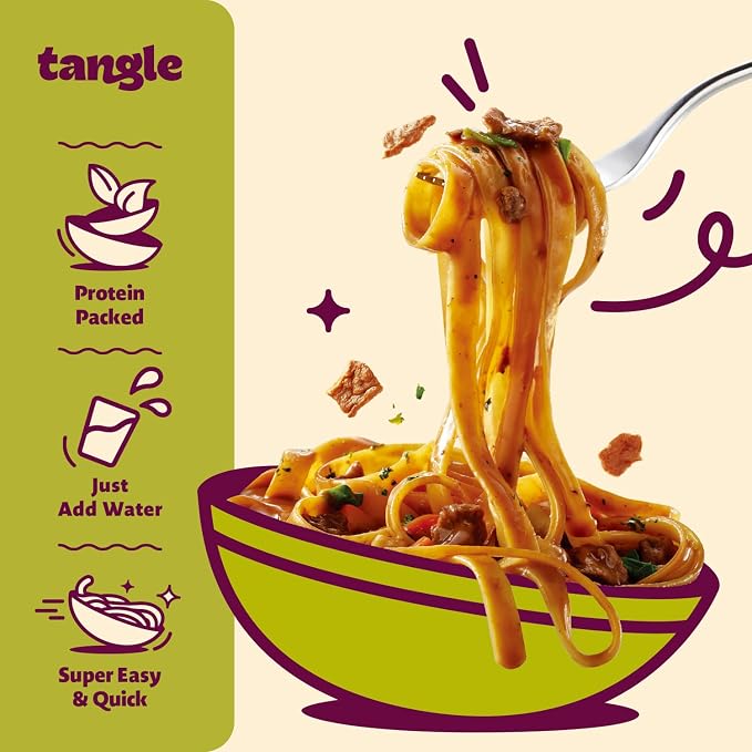 Tangle Bulgogi Alfredo Instant Pasta, 15g Protein Fettuccine, 4g Fiber 4pk | 15g protein, 4g fiber per serving; Chickpea-based air-dried noodle; Sweet-savory bulgogi meets creamy alfredo; Ready in 5min