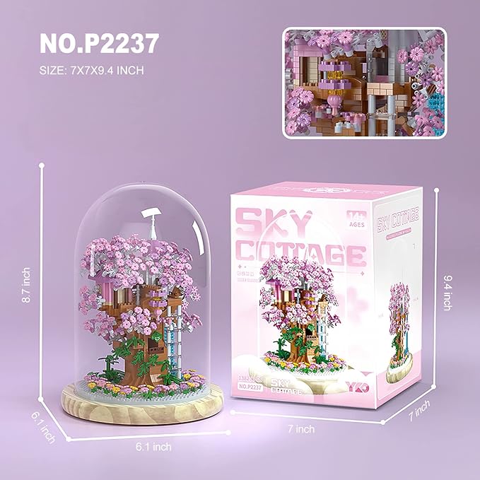 Cherry Blossom Bonsai Tree House Building Flowers Set for Adults, 1382 Pcs Micro-Particle Ideas Sakura Tree Building Blocks, Complete with String Lights, Dust Cover, and Wooden Base