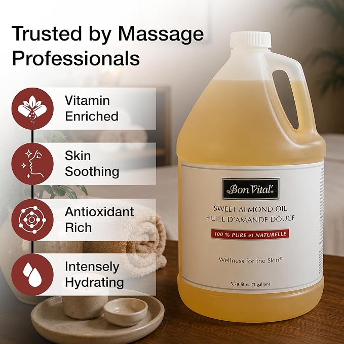 Bon Vital' Sweet Almond Oil Skin & Hair Moisturizer & Gentle Massage Oil, Carrier Oil for Diffusers, Improve Hair Texture and Hydrate Skin, 100% Pure Massage Therapy Oil, 1 Gallon