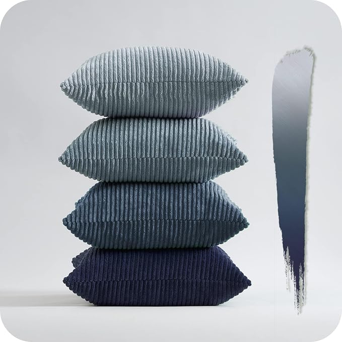 Topfinel Decorative Throw Pillow Covers Dusty Blue Navy Series 16x16 Inch Set of 4,Summer Corduroy Striped Toss Pillows for Couch,Patio,Balcony,Children Bedroom,Modern Fluffy Blue Gradient Shams