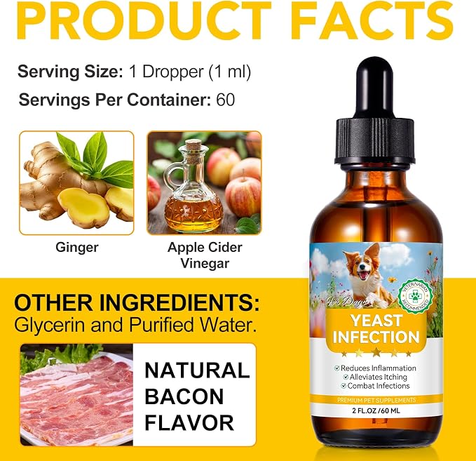 Yeast Infection Treatment for Dogs, Natural Dog Yeast Infection Relief for Itchy Skin & Ear, with Multivitamins Probiotics, Bacon Flavor Liquid Supplement for All Breeds, 2 FL OZ 