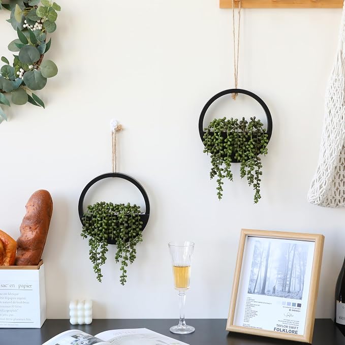 2pcs Artificial Succulents Hanging Plants 20.1'' Fake String of Pearls in Pot with 9.4'' Lanyard for Indoor Outdoor Wall Decor (Black)