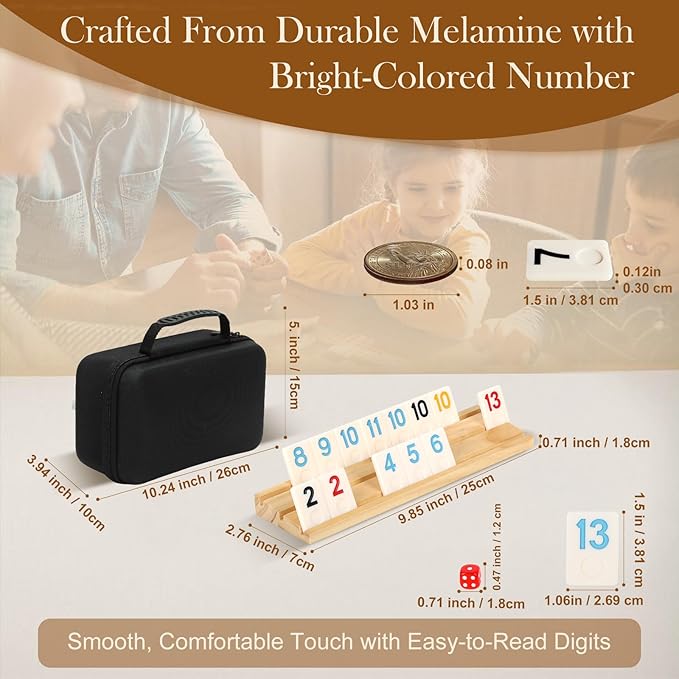 4 Players Rummy Game Set, 106 Melamine Tiles, 4 Wooden Racks, Premium Portable Case, Tile Board Games for Adults, Easter Bastket Stuffers, Easter Gifts for Men Women Dad Mom