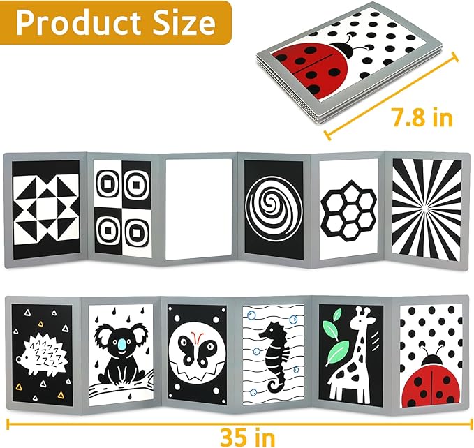 KUANGO Black and White High Contrast Tummy Time Mirror Toys Newborn Toys 0 6 Months Brain Development Infant Stimulating Sensory Baby Book 0-3 3-6 2 4 5 Months Old Baby Boy Girl Gifts