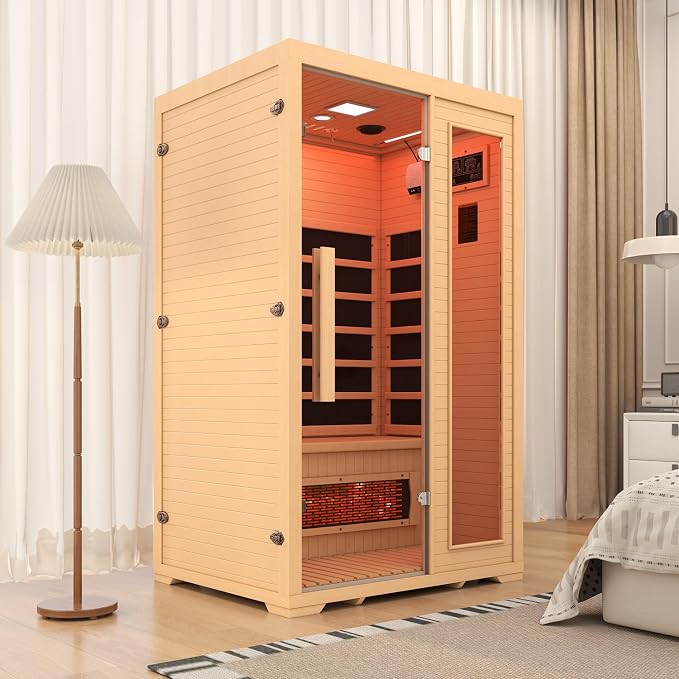 2 Person Infrared Sauna, Full Spectrum Sauna for Home, Indoor Dry Saunas with 5 Carbon Panels and 1 Carbon Tube, Oxygen Bar and 7 Color Light Strips, Canadian Hemlock,110V