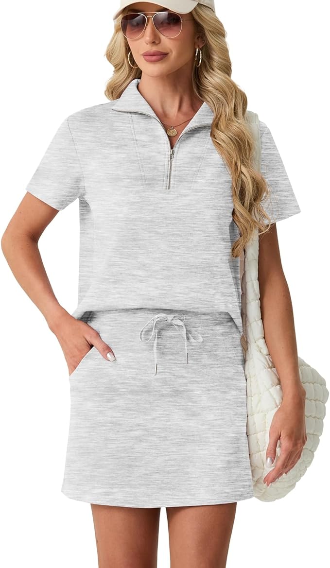 GRECERELLE Women's Summer 2 Piece Skort Set Half Zip Short Sleeve Top & Pocketed Tennis Skirt For Sports & Vacations.