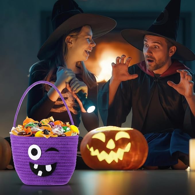 Halloween Trick or Treat Basket with Handle Cute Bucket Cotton Rope Woven Candy Bag Pumpkin Witch Cat Pig Storage Basket for Halloween Party Favor (Purple,Witch)