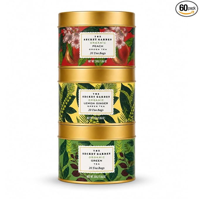 Life Plus Style Gourmet The Secret Garden 3 Tier Stackable Tea Tin Colletion Organic Green Tea Blends with Peach and Lemon Ginger Flavors 60 Tea Bags Assortment Unique Gift Set for Women Men