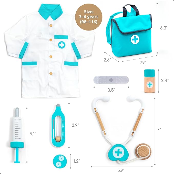 UMUยฎ Wooden Doctor Kit for Kids โ Doctor & Dentist Play Set for Toddlers with Dr Coat, Stethoscope, Tooth Model & More โ Dress Up & Pretend Play โ Medical Toy for Boys and Girls Ages 3 4 5 6