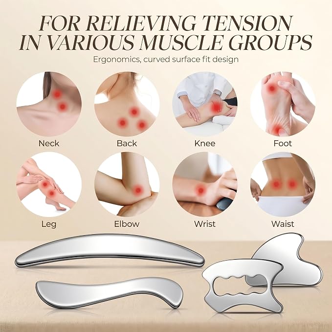 4 in 1 Muscle Scraper Tool Set, IASTM Massage Tools with Storage Case, Gua Sha Scraping Tool for Myofascial Release, Muscle Recovery, Body Massage (4PC Stainless Steel)