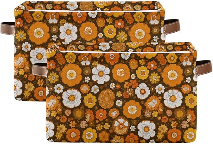 Aslsiy Storage Basket Orange 60s 70s Style Nursery Bins Retro Floral Baby Box Canvas Clothes Shelf Basket Laundry Hamper Gift Basket for Home Closet 2 Pcs