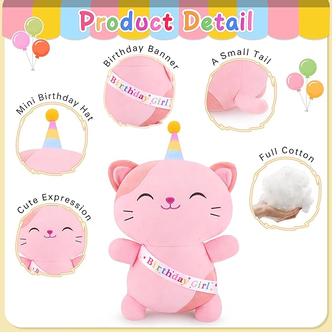 Achwishap Cat Stuffed Animal,Birthday Girls Cat Plush,14” Cats Plush Toys,Cute Plushies Birthday Gifts for Girls,Kawaii Kitten Plushie Huggging Pillow,Cuddly Animal Body Pillow for Kids Adults,Pink