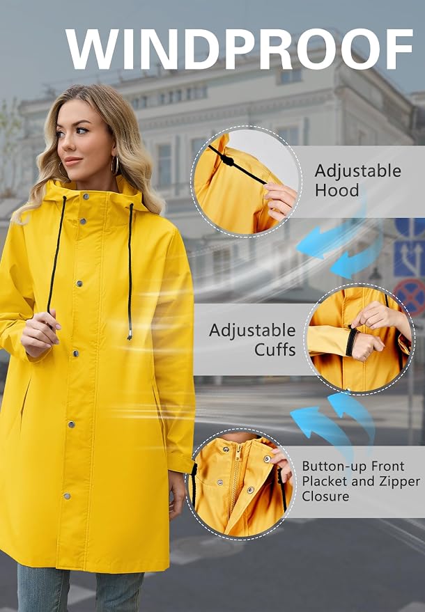 Zando Long Packable Rain Jacket Women Waterproof Raincoat with Hood | Relaxed-Fit Lightweight Windbreaker for Women; Travel Rain Coats for Commute, Hiking, Cruise, and Daily wear